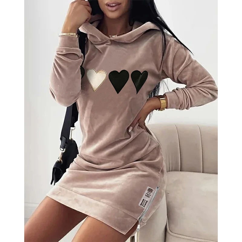Autumn Winter 2022 Heart Pattern Zipper Design Velvet Hooded Long Sleeve  Sweatshirt Dress Women Casual Streetwear Y2K Clothes|Dresses| - AliExpress