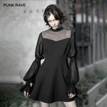 

PUNK RAVE Girls New Autumn Punk Black Chiffon Dress Sexy Hallow Out Puff Sleeve Club Gothic Dress Long Sleeve Women Dress