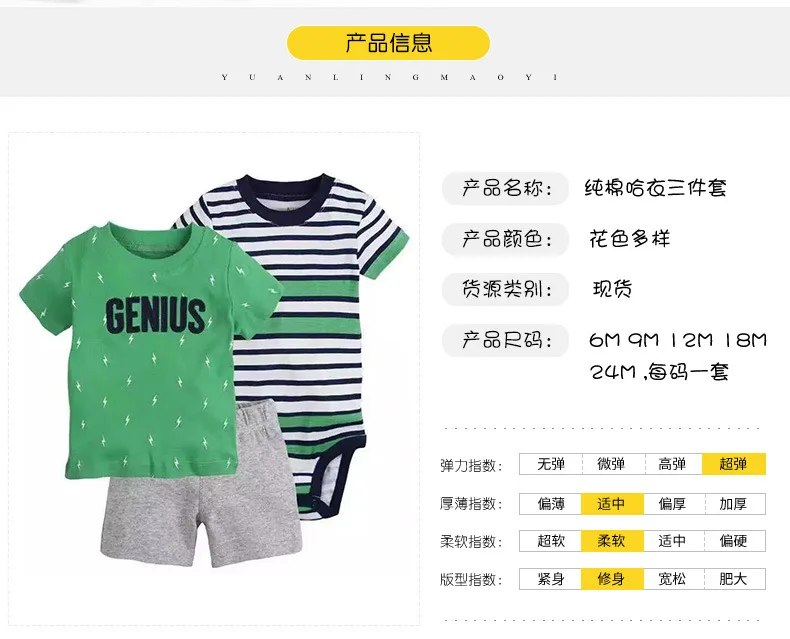 Summer New Style CHILDREN'S Short-sleeved Clothes Set Europe And America Baby Pure Cotton Romper Children Three-piece Set a Gene