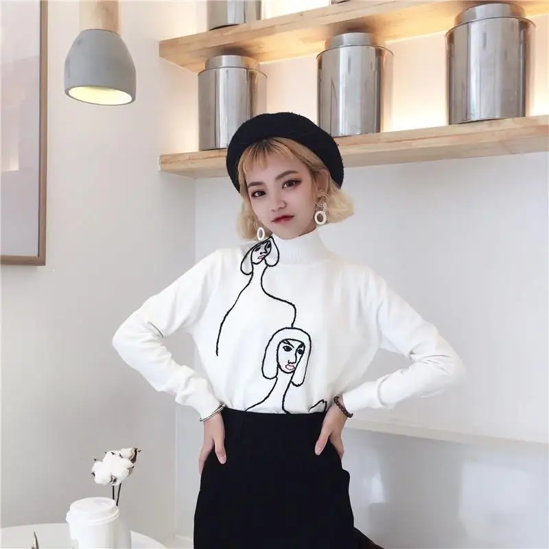 Geometric Face Embroidery Sweaters Character Women Mock Neck Long Sleeve Soft Pullover Sweater