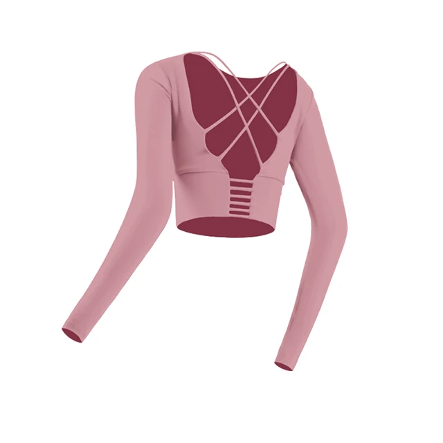 Yoga Shirts Workout Open Back Top Long Sleeve Crop Top Women Spring Autumn Gym Cross Back  Sports Shirt Short Sleeve Summer Pink