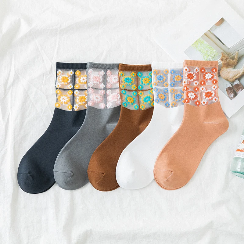 

2020 Transparent Silk Socks For Girl Women Spring Summer Glass Fashion Ultra-thin Flower Short Socks