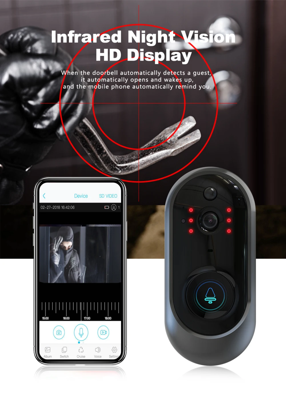 

1080x720P Smart WiFi Visual Camera Doorbell 166 Degree Viewer Battery Lower Power Consumption PIR Motion Monitor Phone Remote