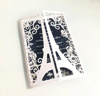 

50pcs Fancy Hollow Dark square European style Eiffel tower Invitation Card Customize Business With RSVP Card Party Supplies