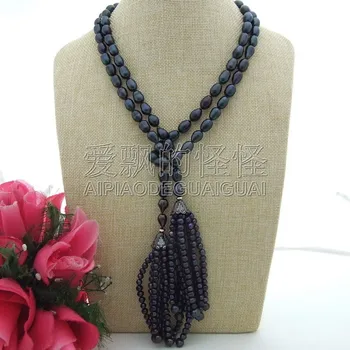 

N092101 46" Black Rice Pearl Necklace CZ Pendant