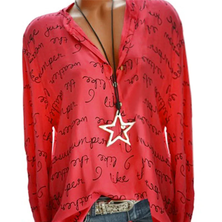 

Womens Tops And Blouses Plus Size Autumn V-Neck Button Blouses Woman 2019 Long Sleeve Letter Blouse Pullover Tops Shirt