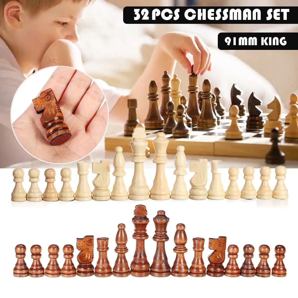

32 Pieces Wooden Chess Pieces King Height 91mm Set Chess Game Chessmen without Chess Board for Competition for Gift