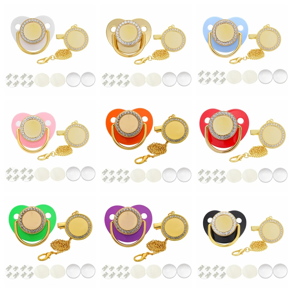 Personalized Sublimation Blank Baby Pacifier Rhinestone Dummy Clips Chain Gold Bling Pacifier Infant Nipple 5