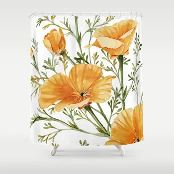 

Modern Pastoral California Poppies - Watercolor Painting Shower Curtain Waterproof Bathroom Curtain Set with 12 Hooks