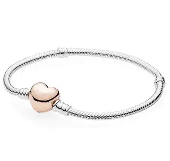 

Original 925 Sterling Silver Bracelet Rose Love Heart Clasp Snake Chain Bangle Fit Women Bead Charm Diy Fashion Jewelry