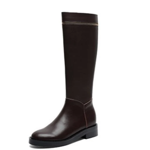 Brown high heel women black brown round toe riding block long custom quality shoes chunky fall side zip boots tall equestrian mid calf - Color: Brown