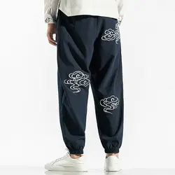 Брюки в стиле хип-хоп, Мужские штаны в китайском стиле, брюки с принтом облака, хлопковые льняные джоггеры, черные мужские шаровары