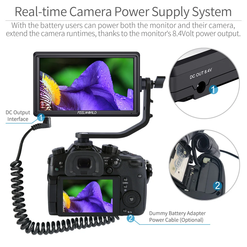 Exibição de Campo dc para Nikon Feelworld Polegada Dslr Câmera 4k Hdmi Lcd Ips hd 1280x720 Monitor 8.4v Saída Sony Canon S55 5.5 - Image 3