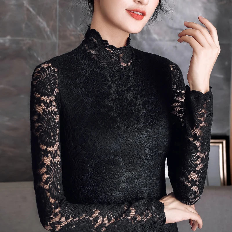 black liner Высокое качество, кружевная женская блузка, розовый, черный, бежевый цвет, одноцветная, тонкая, сексуальная, Цветочный, с высоким воротом, для офиса, леди, подходит ко всему, рубашки на пуговицах, топы - Цвет: black liner