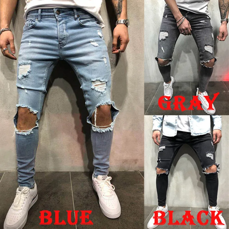 2020 Men's Jeans New Hole Slim Trousers Denim elastic skinny cotton male streetwear hiphop personality Male Pencil pants 2020 Men's Jeans New Hole Slim Trousers Denim elastic skinny cotton male streetwear hiphop personality Male Pencil pants