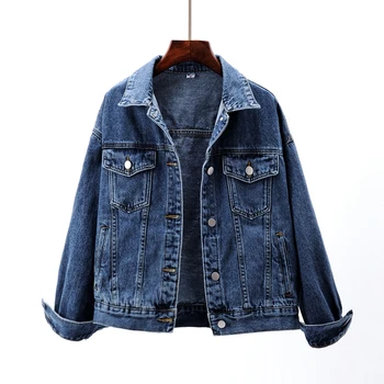 

Spring Autumn Vintage Navy blue Denim Jacket Women Basic Coat Outwear Chaqueta Mujer Korean Loose Harajuku Jeans Jacket Female