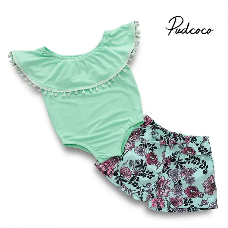 Коллекция 2019 года, летняя одежда для маленьких девочек милый мягкий хлопковый наряд с шортами для новорожденных с зелеными цветами и