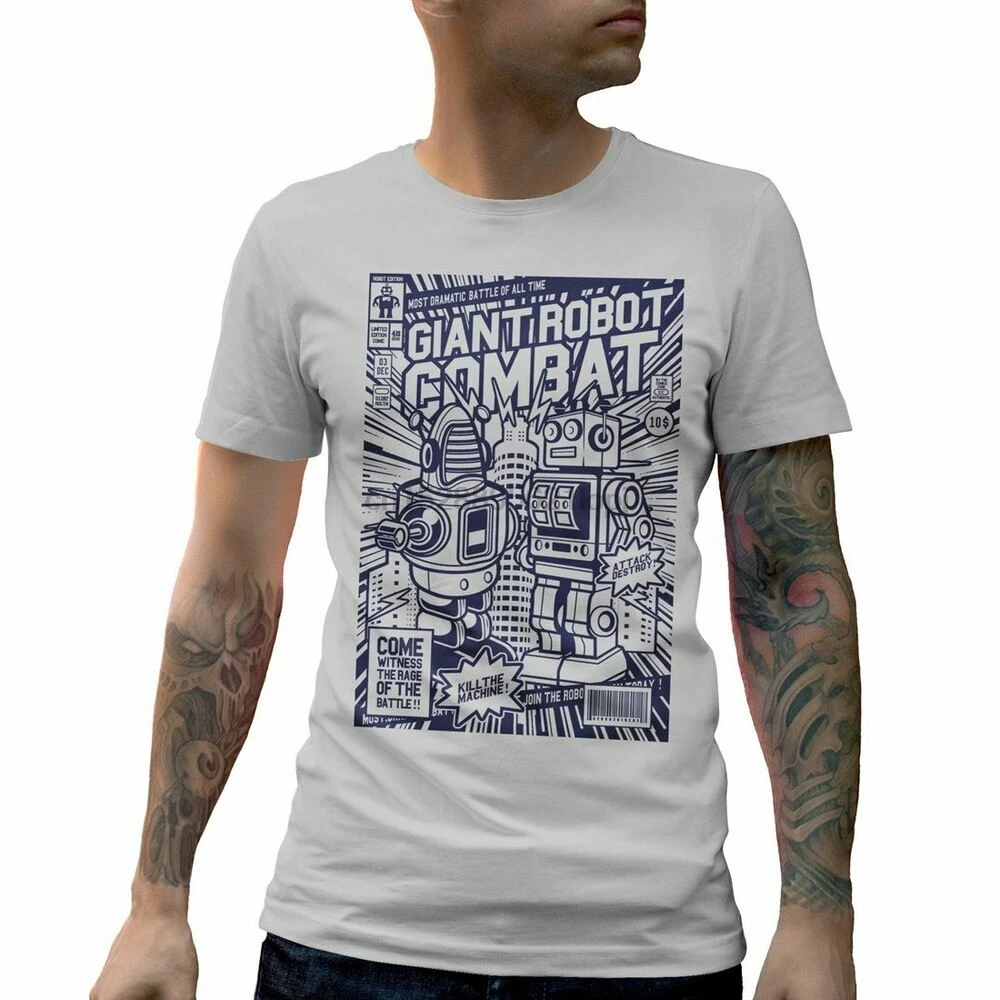 A233W Mens T-Shirt Giant Robot Combat Space Battle Attack Abduction Alien UFO Th | Мужская одежда