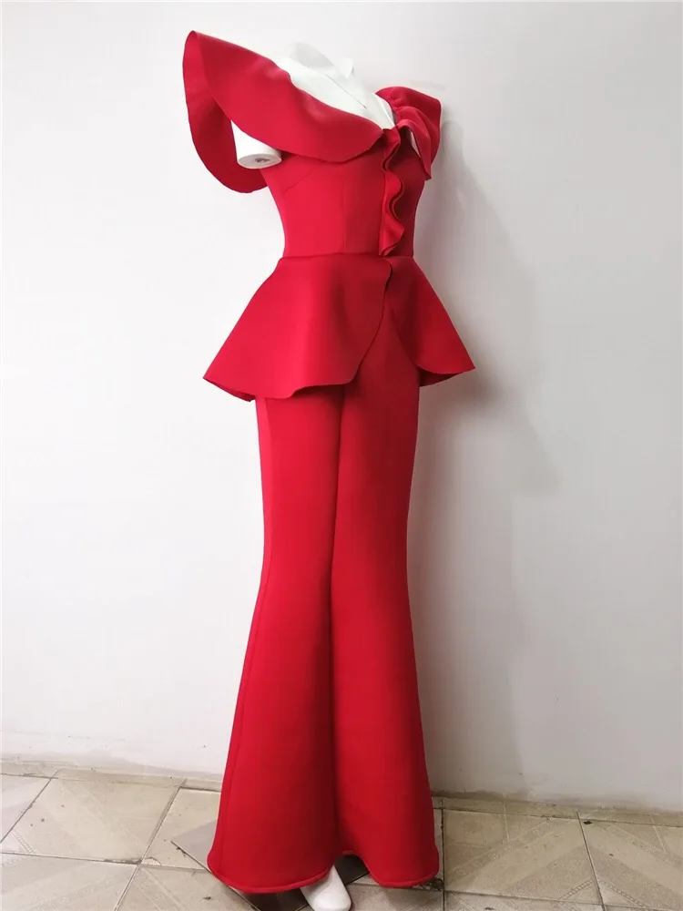Plus size dresses for women 2XL bodycon floor length red christmas elegant sexy short sleeve ruffles african mermaid maxi dress