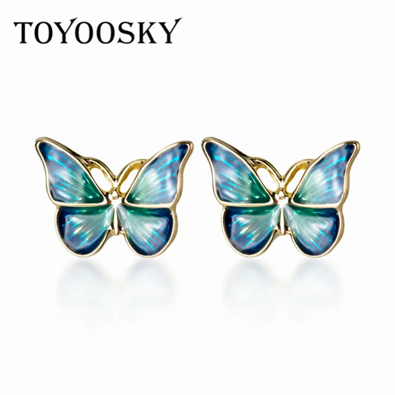 

925 Solid Sterling Silver Gold Blue Wing Butterfly Stud Earrings For Women Girls Contracted Wedding Jewelry Gift