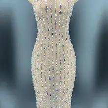 AB Камни жемчуг Прозрачное платье вечернее празднование длинное платье Прозрачная сетка стрейч наряд певица вечерние выступления YOUDU