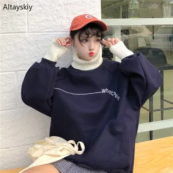 

Hoodies Women Simple All-match Pullover Womens Ulzzang Loose Casual Korean Style Sweatshirts Daily Trendy Cute Turtleneck Warm