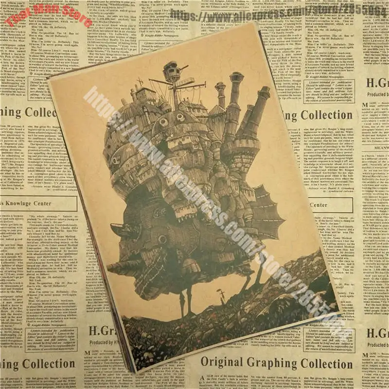 Hayao Miyazaki Comic Howl Moving Castle Moving Castle Kraft Paper Retro Cartoon Comic Poster Bars Cafe Decor Sticker