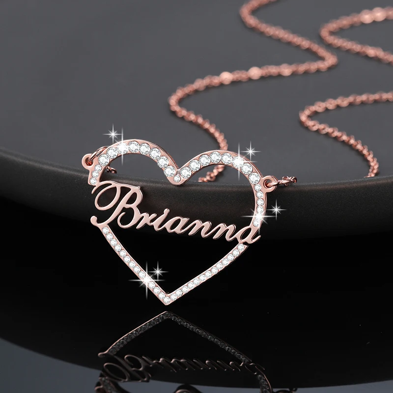New Custom Heart Name Necklace Stainless Steel Custom Charm Nameplate Necklace Iced out Name Necklace for Women's Jewelry Gift 10 pairs lovers split heart stainless steel jewelry charm pendant mirror polished 2 half heart tag customized pendants wholesale