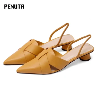 

2020 PENUTA Pointy Toe Strappy Heels Genuine Leather Summer Sandals For Women New Designer Plus Size 34-43 Slingback Shoes X0043