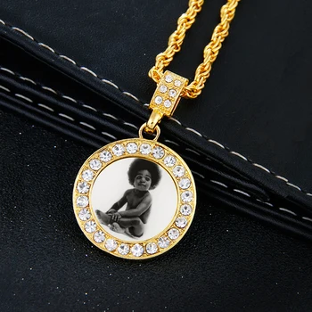 

Custom Made Photo Medallions Necklace&Roundness Solid Back Pendant With Rope Chain CZ Gold Silver Men's Hip Hop Memorial Jewelry