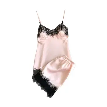 

Womens Sexy Satin 2Pcs Lingerie Set Push Up Padded Camisole Relaxed Shorts Eyelash Lace Patchwork Solid Color Babydoll Nightwear