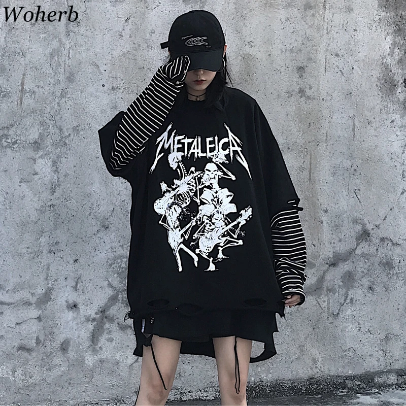 Woherb Harajuku Свитшот женский черный поддельный 2 шт толстовки в полоску с принтом