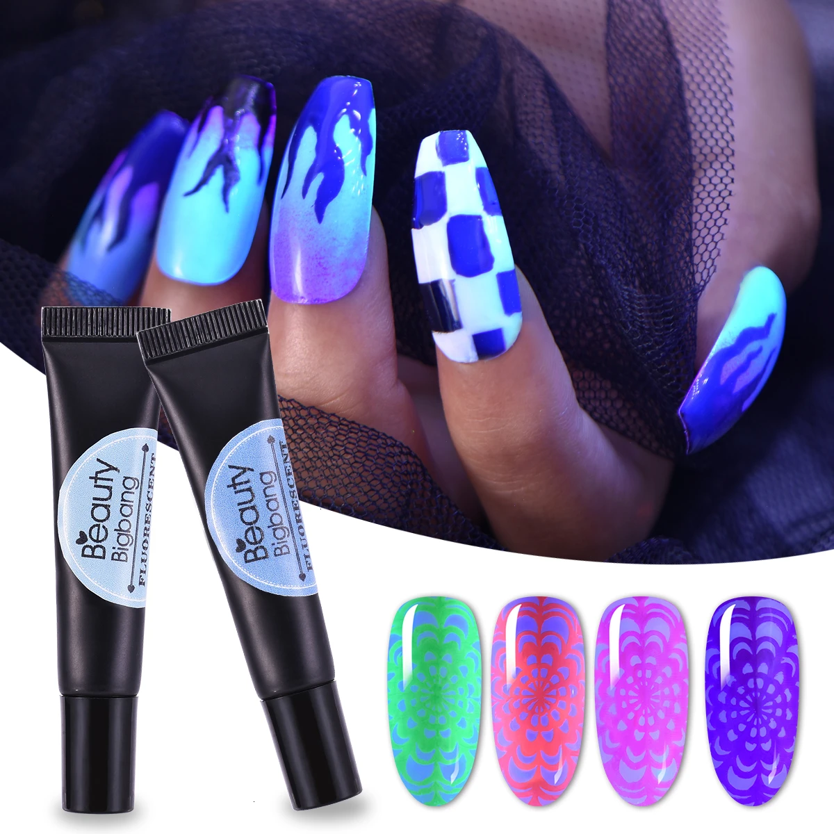 Beautybigbang 8ml Neon Stamping Gel Fluorescent Soak Off Colorful Varnish Glow In The Dark UV Light Nail Art Poly Gel for Plates