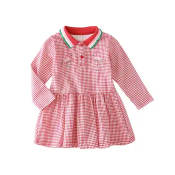 

High Quality Girl Dress AutumnNew Fashion Little Flying Elephant &Flamingo Plaid Full Sleeve Infant Baby Girl Clothing