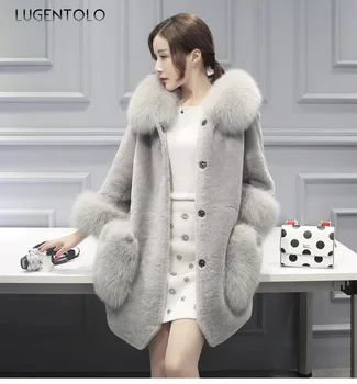 

Lugentolo Faux Fur Long Coat Women Hooded Fur Collar Fashion Solid Color Long Sleeves Single Breasted Wide-waisted Plus Size 5XL