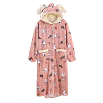 

Plus Size Winter Women Pajamas Thick Flannel Womens Sleepwear Long Sleeve Hooded Nightgowns Girls Cute Coral Fleece Pyjamas