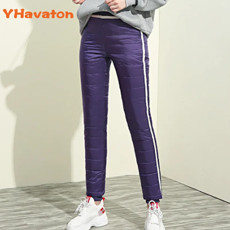 

YHavaton 2019 Women Down Pants High waist pants winter White strip Keep warm pants Thicken Slim Skinny Down casual pants Women
