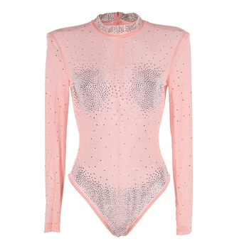 

Comeondear Turtleneck Long Sleeve Bodysuit Slim Sexy Party Bodycon Elegant Playsuit Jumpsuit Mesh Rhinestone Bodysuit R80917