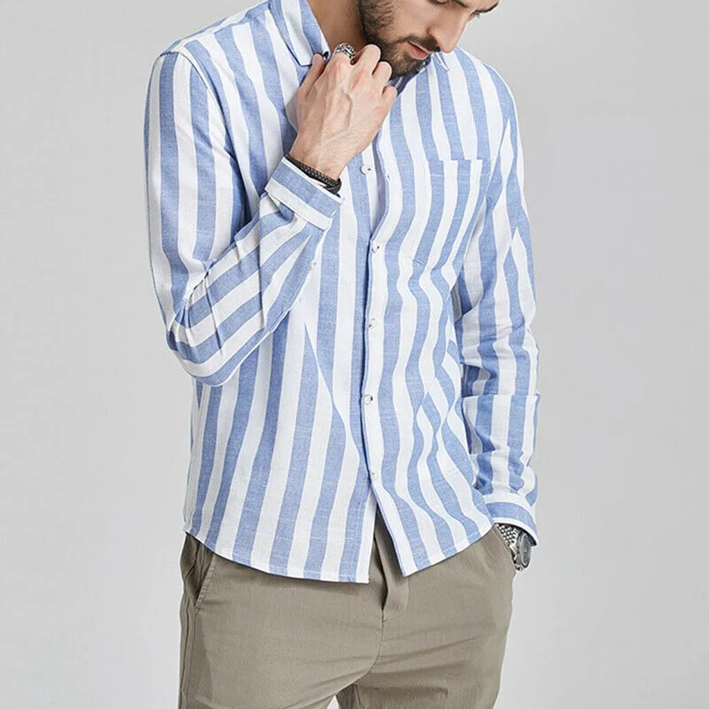 

Men Vintage Striped Button Linen Solid Long Sleeve Retro Shirts Tops Blouse businessshirt button Casual Casual Tops Collar