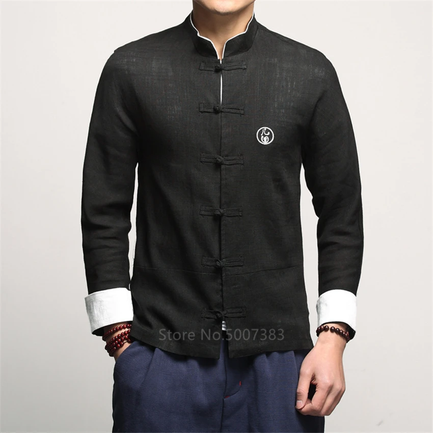 Men Vintage Full Sleeve Collar Linen Shirts Tang Suit Hanfu China Style Top New Year Clothes