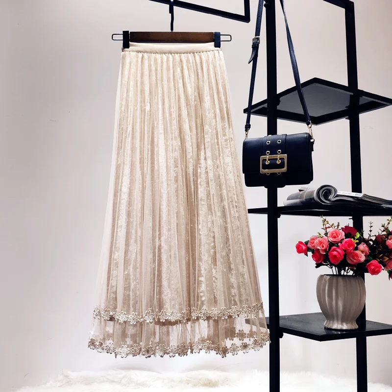 Новинка, весна-осень, бархатные плиссированные юбки для женщин, модная Однотонная юбка с высокой талией и сеткой, yy166
