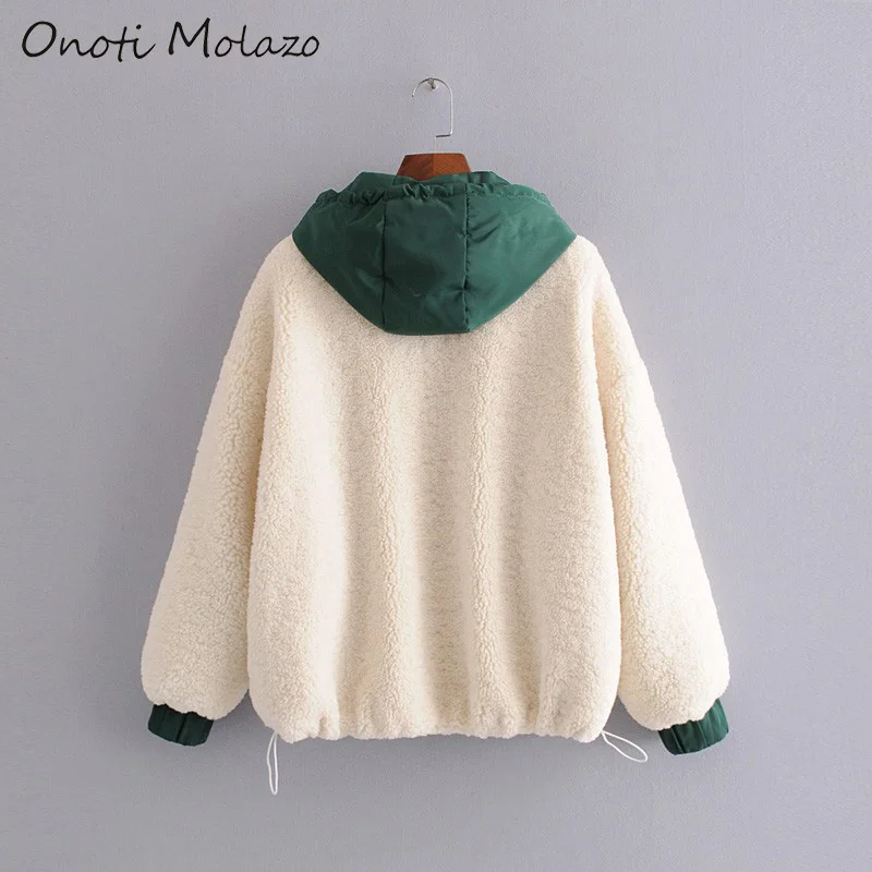 New  Onoti Molazo Jackets Coats Women Fur Thick Winter with Hat Zipper Casual Ladies Teddy Coats Jacket 