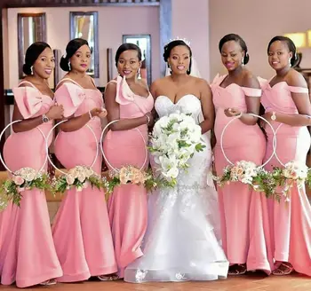 

Retro One Shoulder Mermaid Coral Satin Bridesmaid Dresses with Bow Floor Length Custom Corset Back Wedding Party Dresses