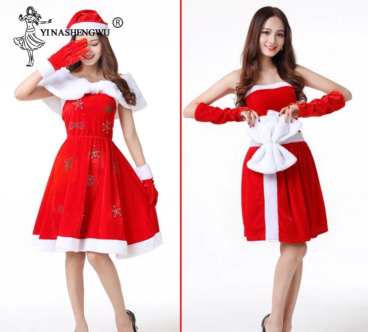Новая мода Косплэй Санта Клаус Для женщин и девочек платье, костюм для косплея рождественскую тематику, раздел-Костюмы шоу на сцене; пикантные туфли с красной COS халат платья