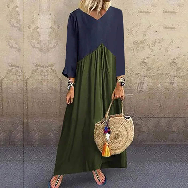 Летние льняные платья женские Boho Лоскутные с длинным рукавом o-образным вырезом Макси платье свободные большие размеры длинное платье винтажные vestidos robe - Цвет: Армейский зеленый