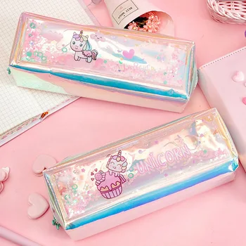 

New Kawaii Unicorn Sequins Laser Rainbow Glitter Transparent Pencil Case Stationery Storage Bag Pencil Case School Supplies