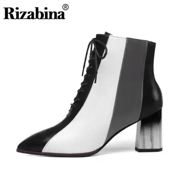 

RIZABINA Office Ladies Ankle Boots Real Leather Winter Warm Fur Mixed Color Lace Up Pointed Toe High Heel Shoes Women Size 34-39