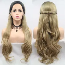 Омбре блонд руки волна тела волна синтетический парик фронта шнурка естественная линия волос свободная часть термостойкие волокна волос для женщин парики