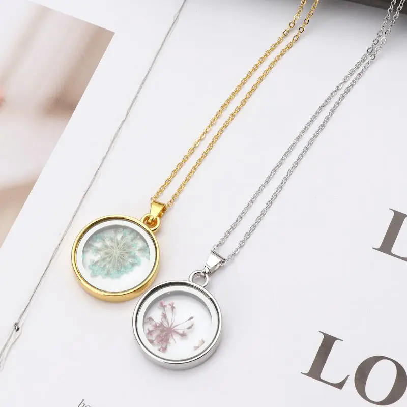 

Round Floating Charm Locket Real Pressed Flower Pendant Necklace Fashion Jewerly