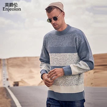 

Enjeolon Brand Autumn Winter O-neck Contrast Color Casual Striped Knitted Sweater Male Pullover Plus Size 3XL MY3608